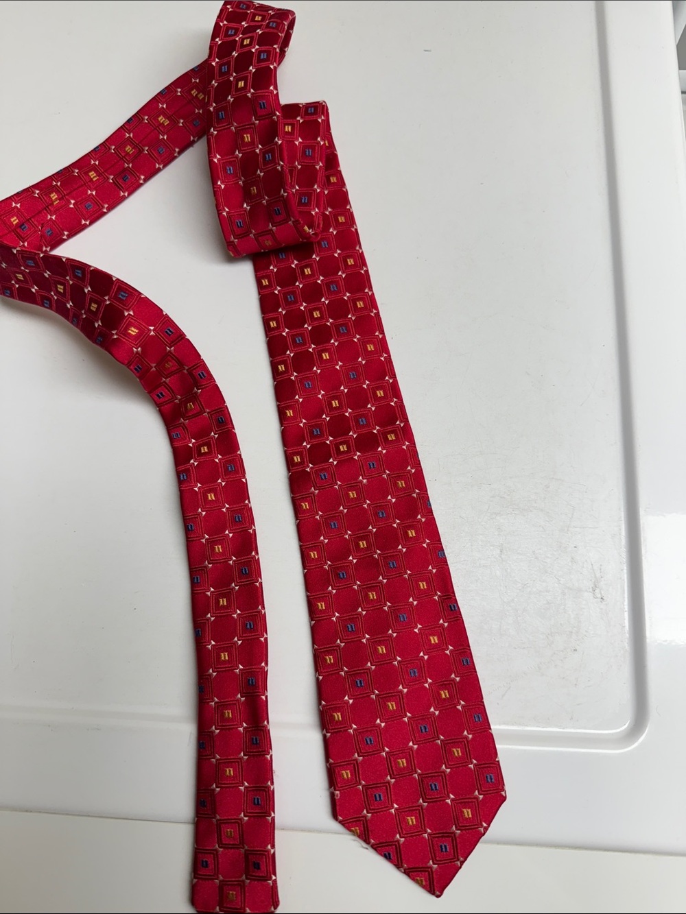 Kids 9-14 Red Patterned Silk Tie - Classic Geometric Design
